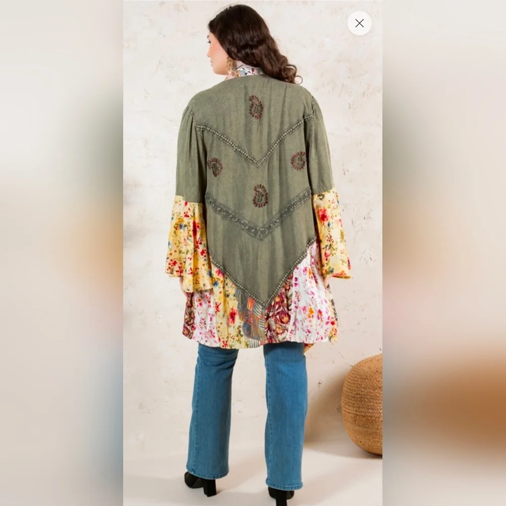 NEW!!Young Threads Boho Patchwork Open-Front Cardigan Olive & Floral, Sz 1X, NWT - Picture 4 of 4